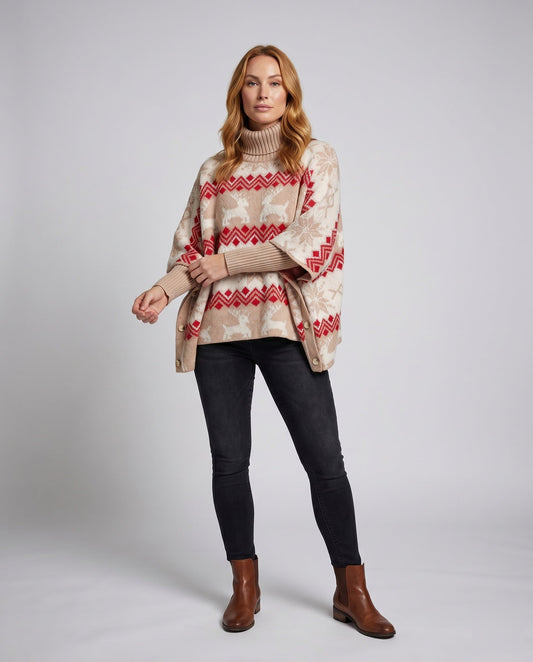 Women's Cozy Knit Sweater with High Stand-Up Collar and Festive Motif R&B