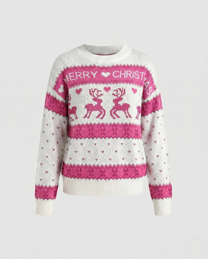 Women's Christmas Knit Sweater with Blue-White Motif and Crew Neck R&B