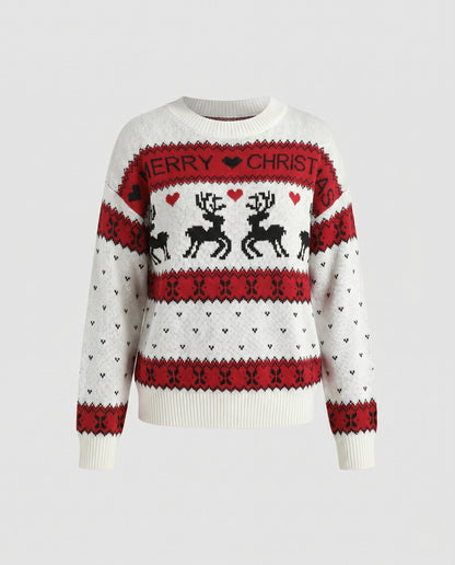 Women's Christmas Knit Sweater with Blue-White Motif and Crew Neck R&B