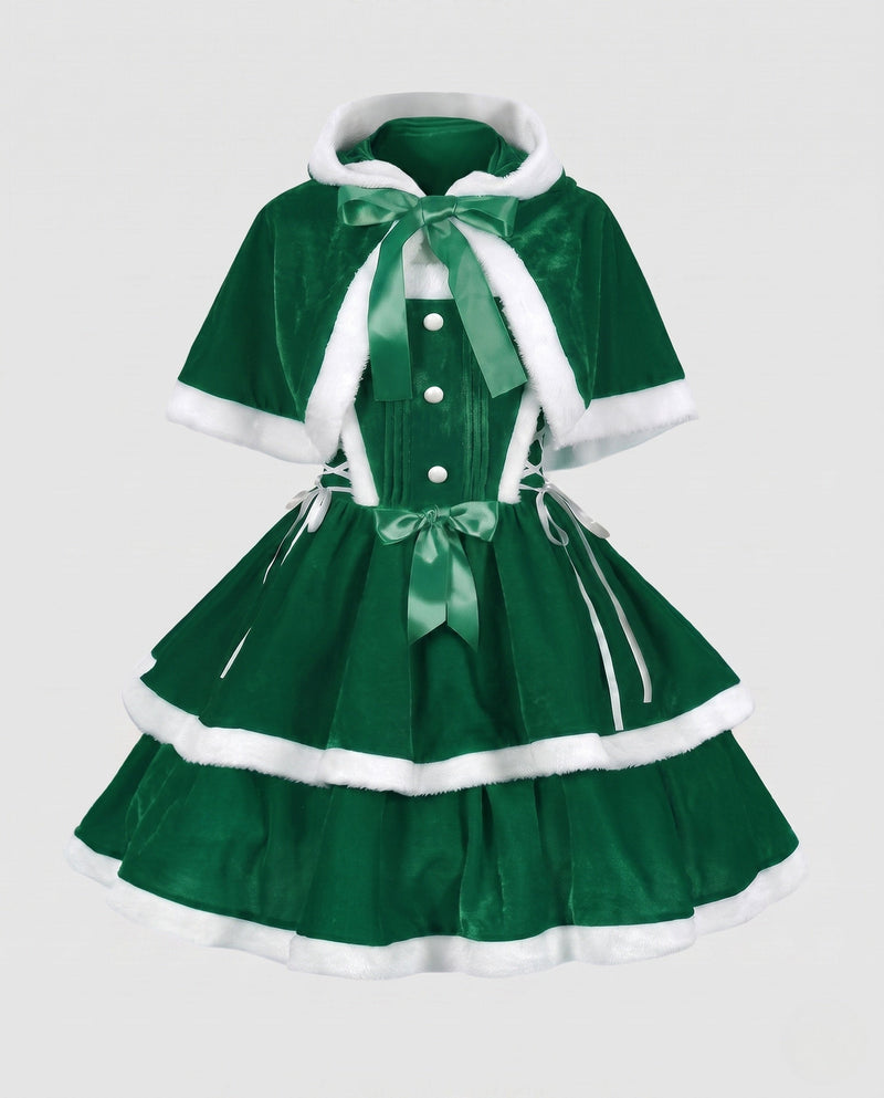 Women's Festive Christmas Dress with Hood and Ruffle Details