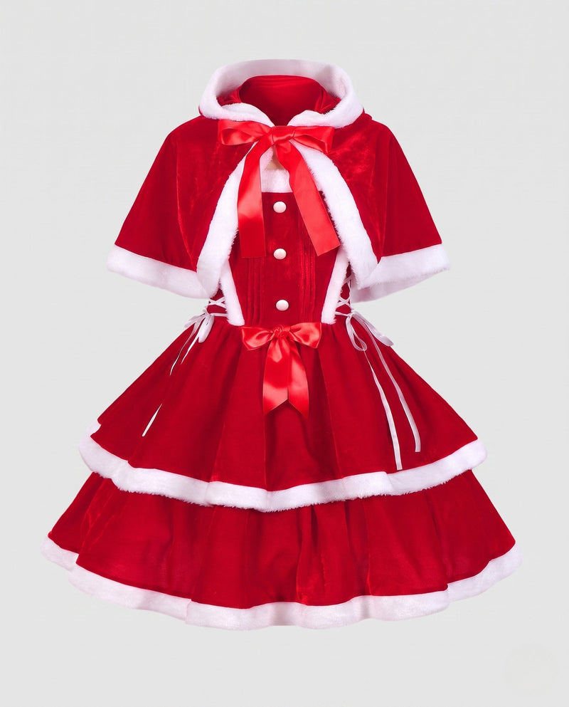 Women's Festive Christmas Dress with Hood and Ruffle Details