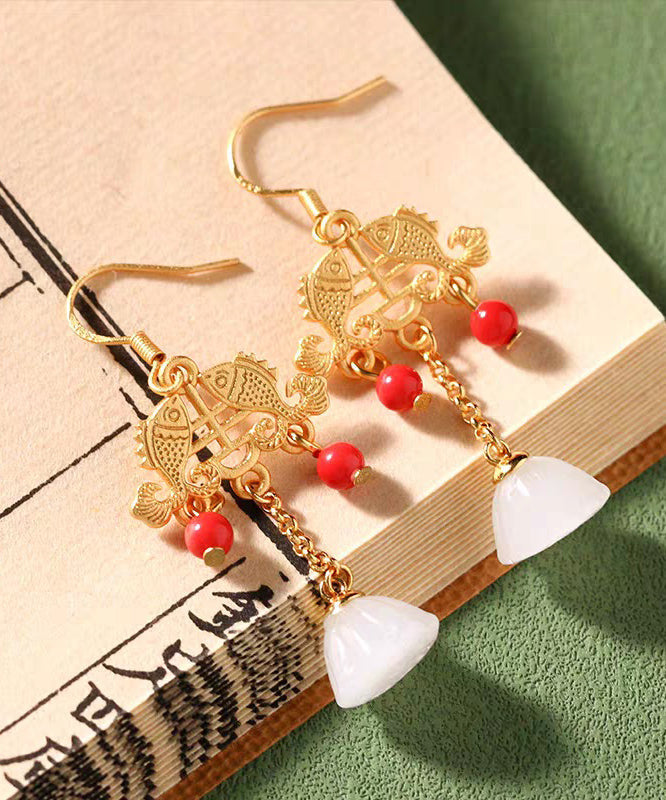 Regular Ancient Gold Inlaid Jade Gem Stone Lotus Flower Tassel Drop Earrings Kx1078