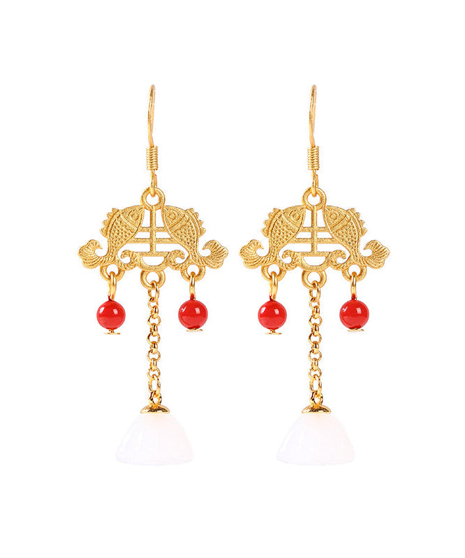Regular Ancient Gold Inlaid Jade Gem Stone Lotus Flower Tassel Drop Earrings Kx1078