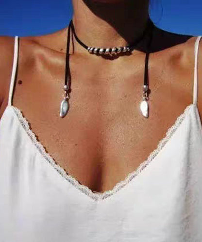 Retro Black Alloy Cotton Rope Necklace