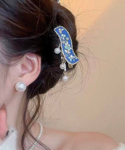 Retro Blue Alloy Dripping Glaze Pearl Tassel Hairpin
