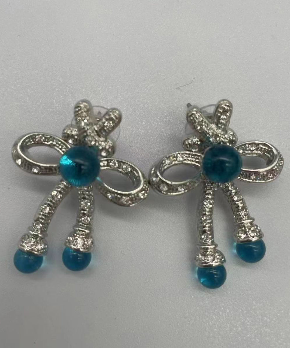 Retro Blue Sterling Silver Crystalcoloured Glaze Bow Stud Earrings Df1009