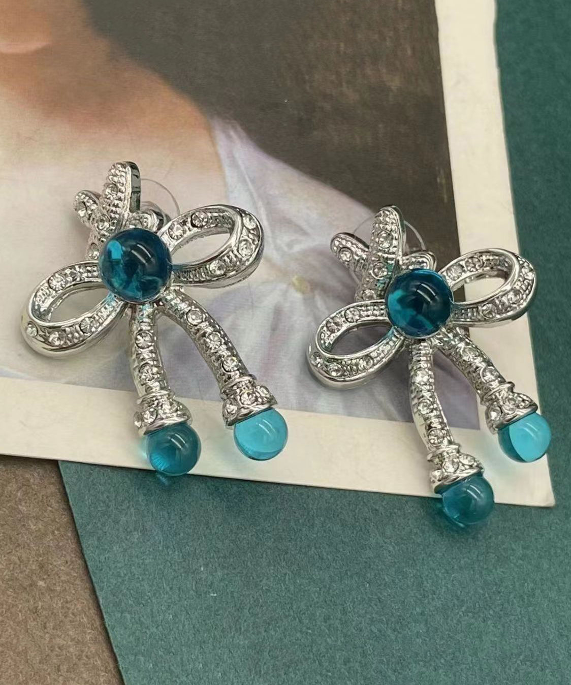 Retro Blue Sterling Silver Crystalcoloured Glaze Bow Stud Earrings
