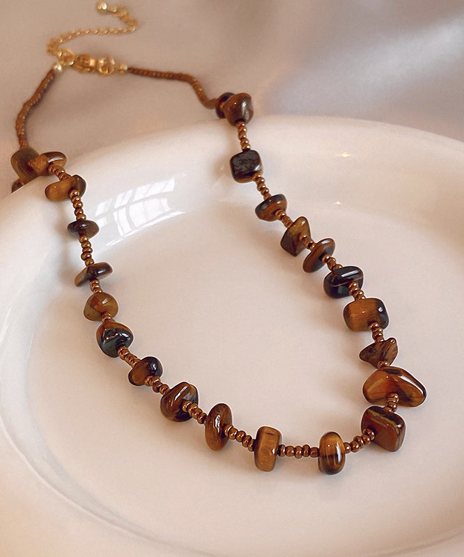 Retro Chocolate Alloy Tiger Eye Stone Beading Gratuated Bead Necklace Wi040