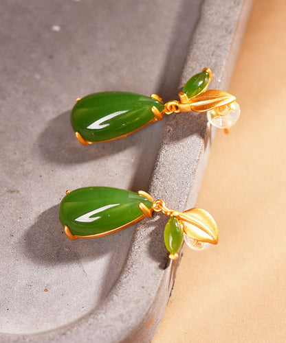 Retro Green Sterling Silver Overgild Jade Water Drop Drop Earrings Gh1019