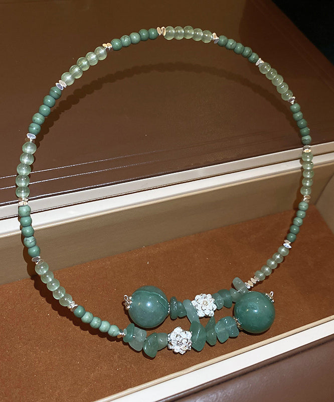Retro Green Sterling Silver Overgild Jade Zircon Crystal Beading Gratuated Bead Necklace Ab1092