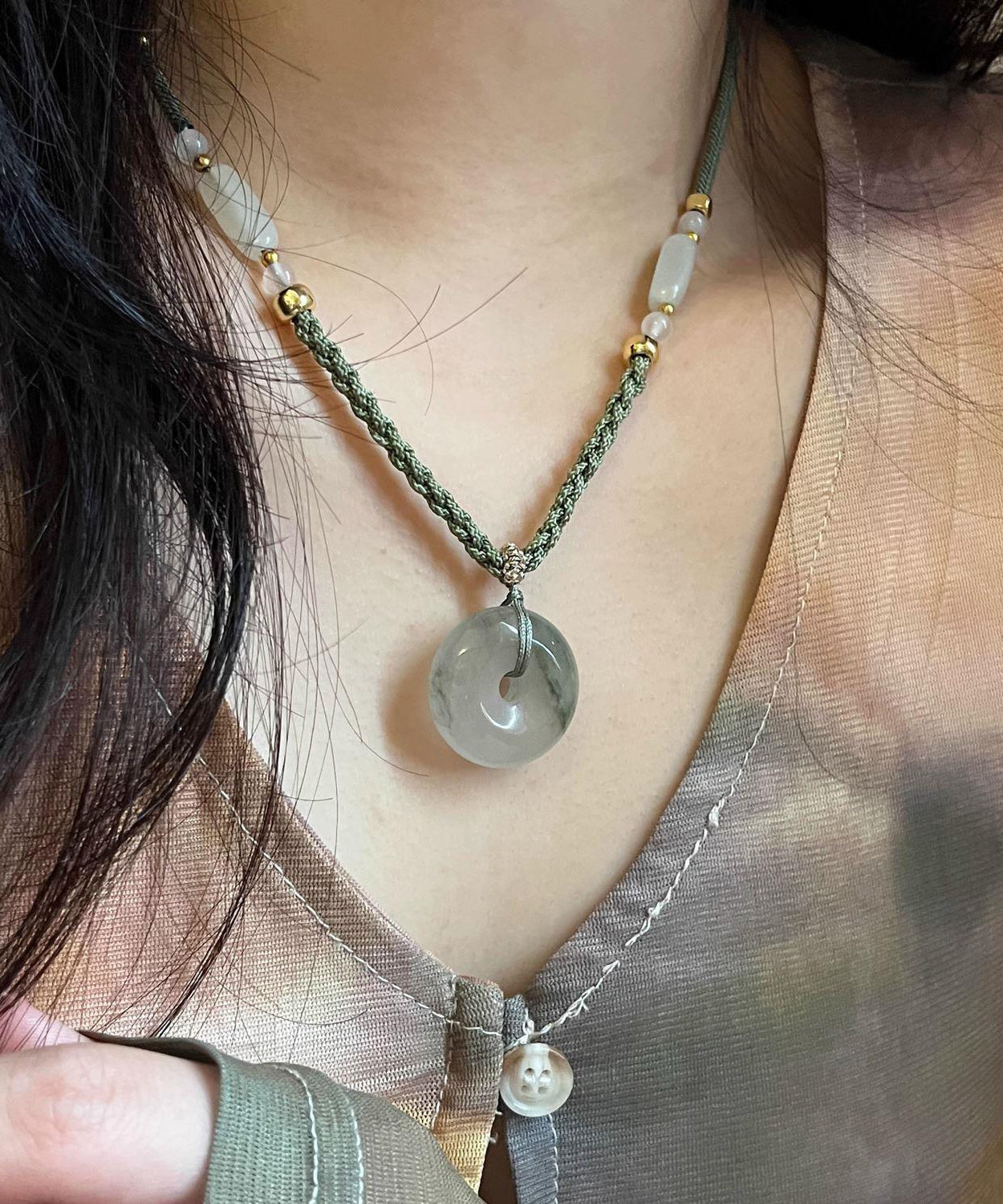 Retro Green Weaving Jade Ping an Buckle Pendant Necklace Tx039