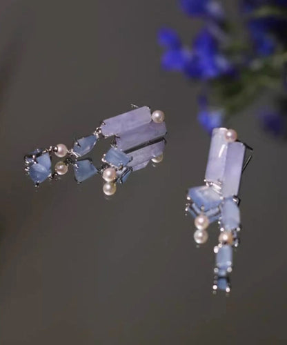 Retro Purple Alloy Asymmetrical Chalcedony Tassel Drop Earrings
