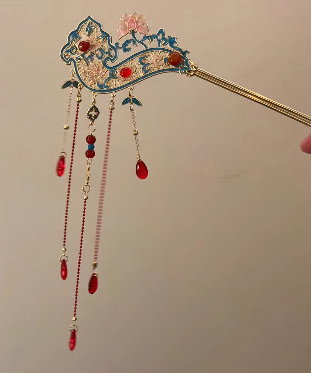 Retro Red Alloy Hollow Out Cloisonne Tassel a Pair Hairpin