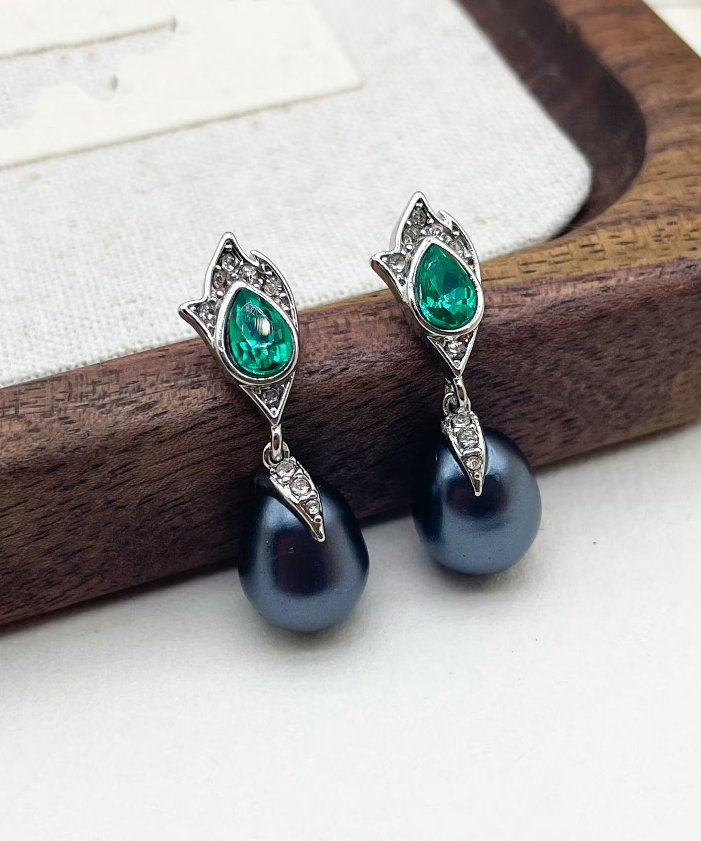 Retro Royal Blue Copper Glass Pearl Tassel Drop Earrings