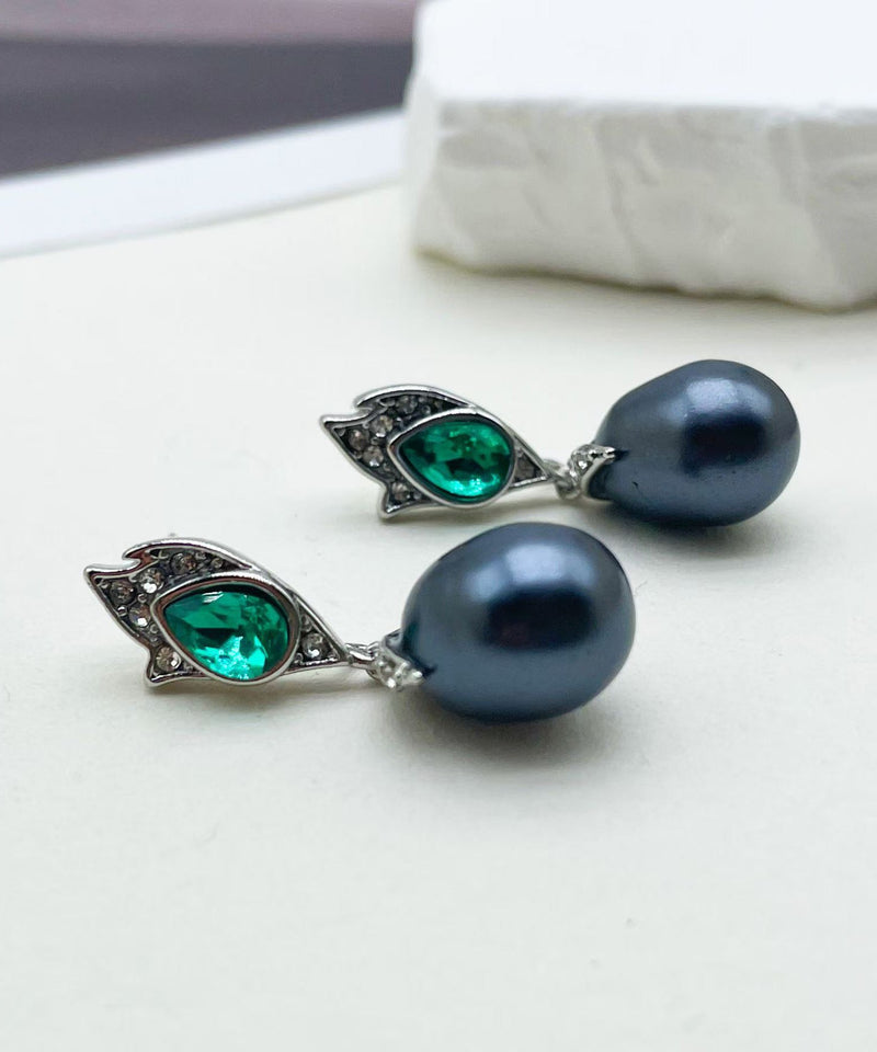 Retro Royal Blue Copper Glass Pearl Tassel Drop Earrings