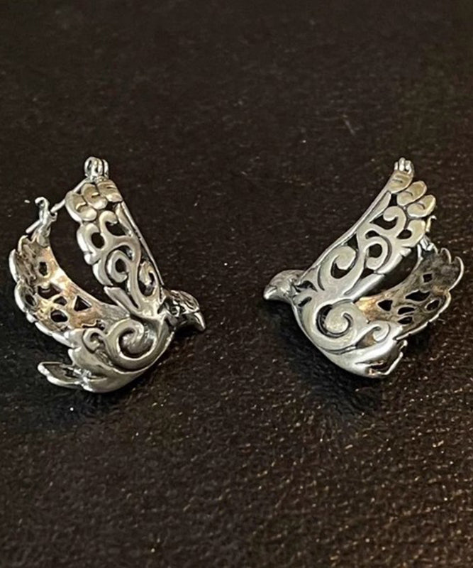 Retro Silk Sterling Silver Carve Bird in Flight Hollow Out Hoop Earrings
