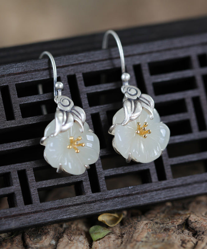 Retro Silk Sterling Silver Inlaid Jade Drop Earrings