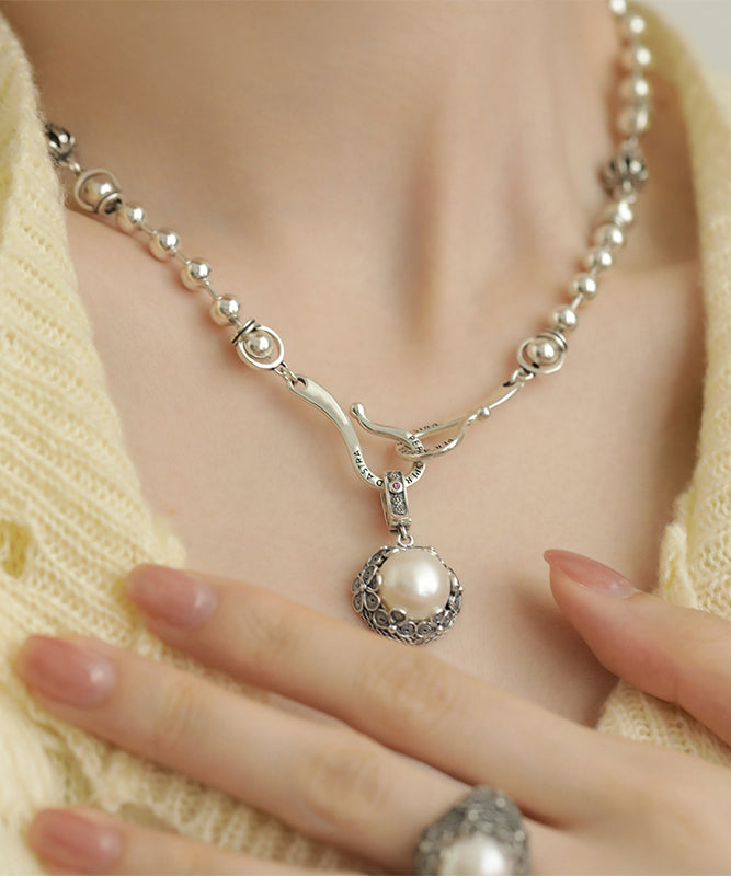 Retro Silk Sterling Silver Pearl Pendant Necklace Kx1085