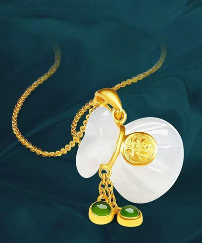 Retro White Sterling Silver Inlaid Jade Graphic Pendant Necklace Tw1043