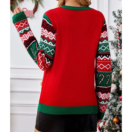 Knitted Christmas Sweater with Cat Motif Women's Fashion