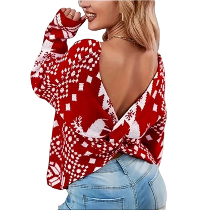 Women's Christmas Knit Sweater with Norwegian Pattern - Ugly Christmas Knit Sweater