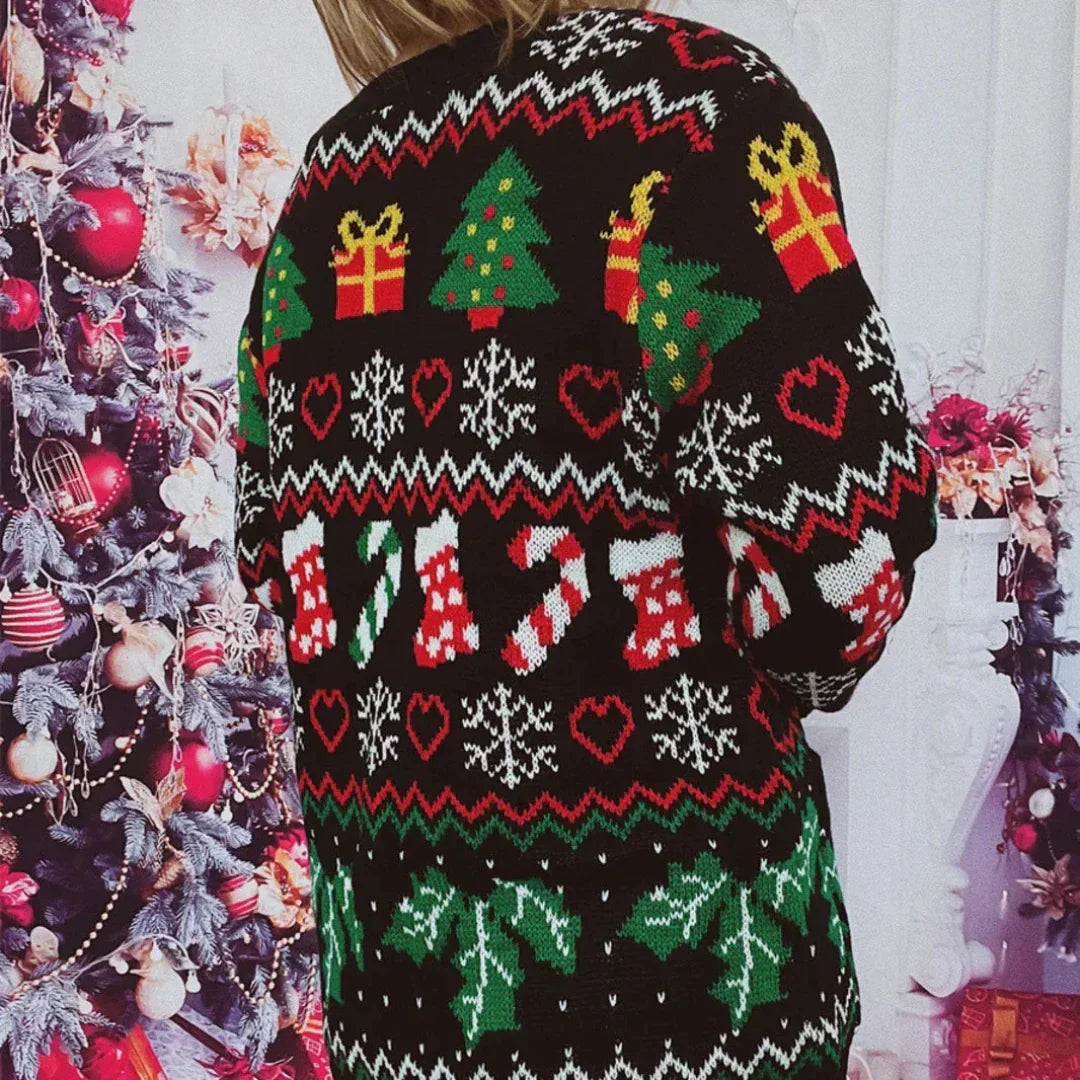 Cardigan Knit V-Neck Buttons Festive Design with Christmas Motifs Long Sleeve