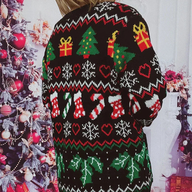 Cardigan Knit V-Neck Buttons Festive Design with Christmas Motifs Long Sleeve