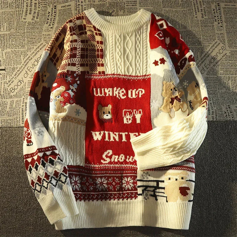 - Ugly Christmas Sweater - Relaxed Retro Sweater with V-Neck and Color Block Design