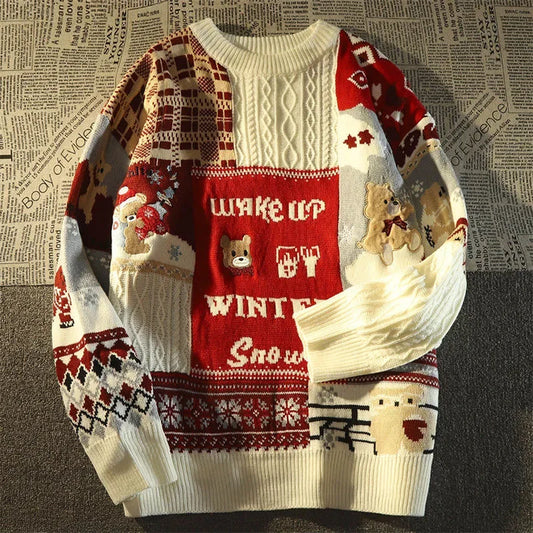 - Ugly Christmas Sweater - Relaxed Retro Sweater with V-Neck and Color Block Design