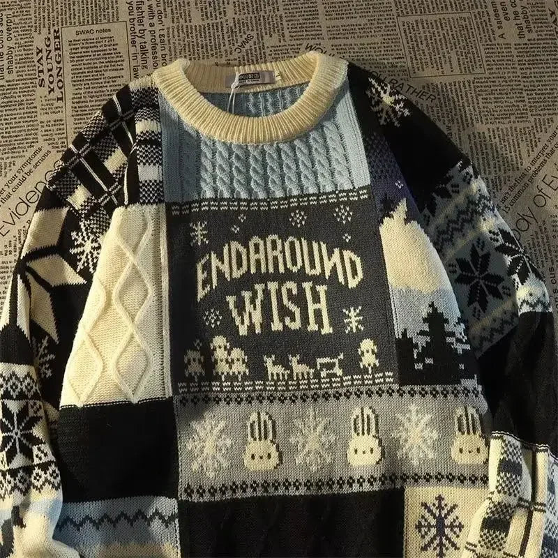 - Ugly Christmas Sweater - Relaxed Retro Sweater with V-Neck and Color Block Design