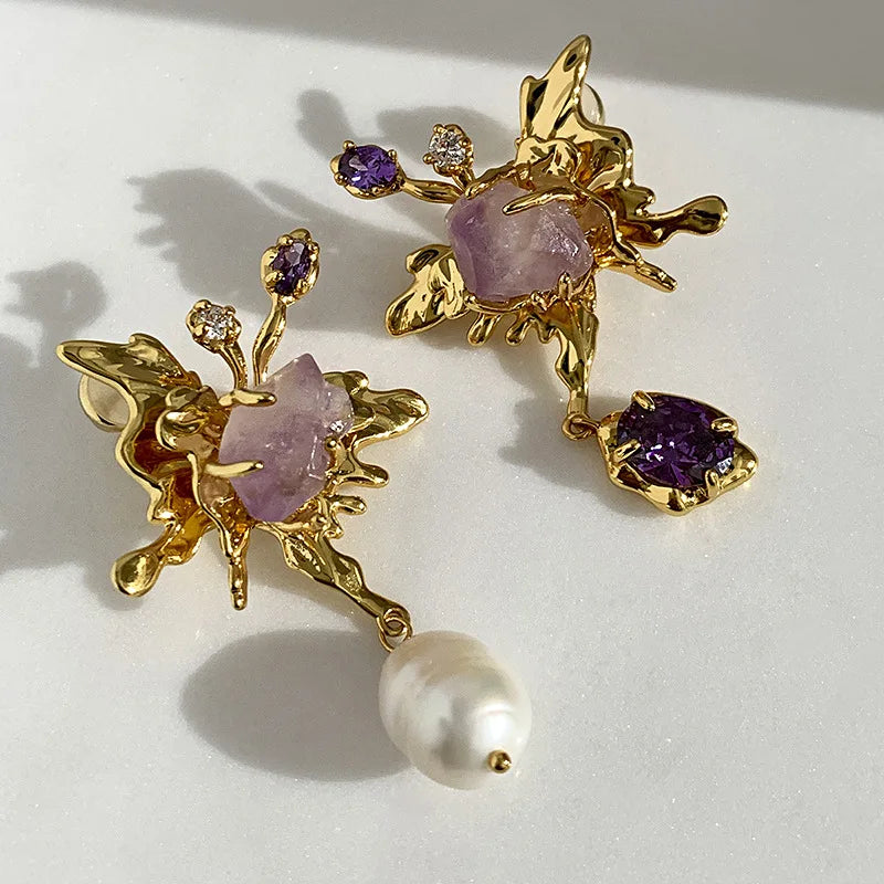 Freshwater Pearl & Stone Asymmetrical Earrings