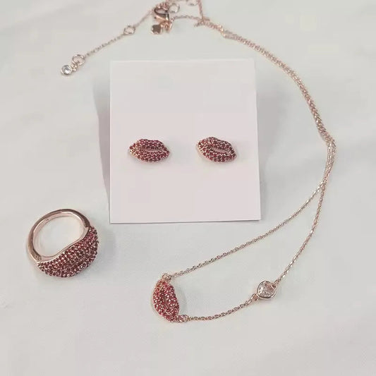 Sparkling Red Zircon Red Lips Modeling Creative Exquisite Design of Daily Commute Romantic Ring Earrings Necklace