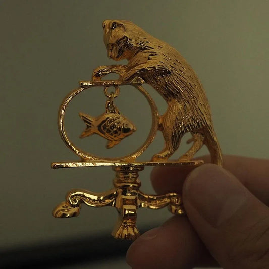 Antique Style Cat Fishing Brooch