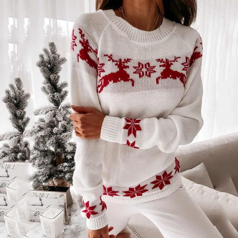 - Ugly Christmas Sweater - Comfortable Knit Sweater with Crew Neck, Reindeer and Snowflake Pattern