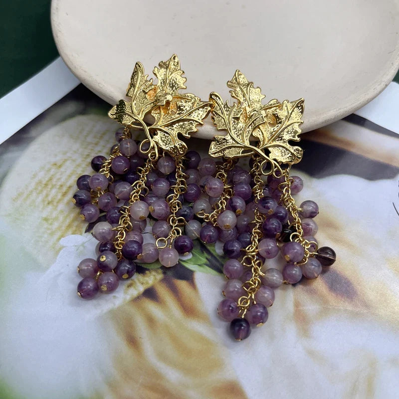 Grape & Gold Leaf Tassel Earrings