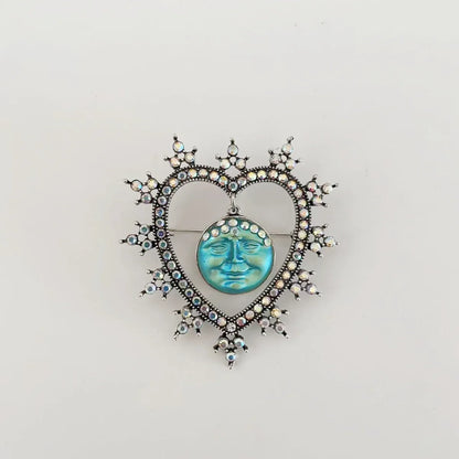 Rhinestone Heart & Moon Face Brooch