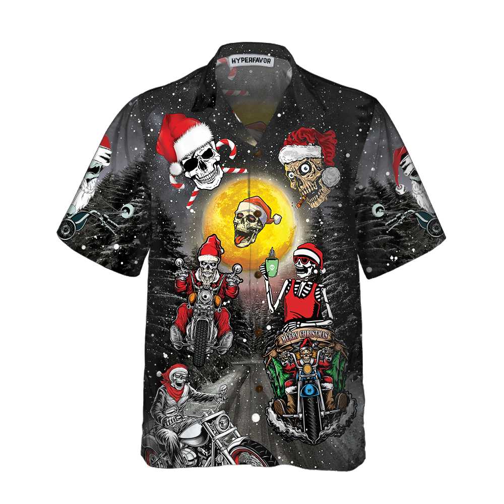 Santa Skeleton Merry Christmas Hawaiian Shirt, Fun Motorcycle Skull Biker Christmas Shirt, Christmas Gift