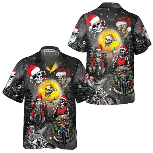 Santa Skeleton Merry Christmas Hawaiian Shirt, Fun Motorcycle Skull Biker Christmas Shirt, Christmas Gift