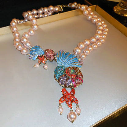 Rhinestone Shell & Starfish Double Pearl Necklace & Rhinestone Sea Shell & Ammonite Earrings Set