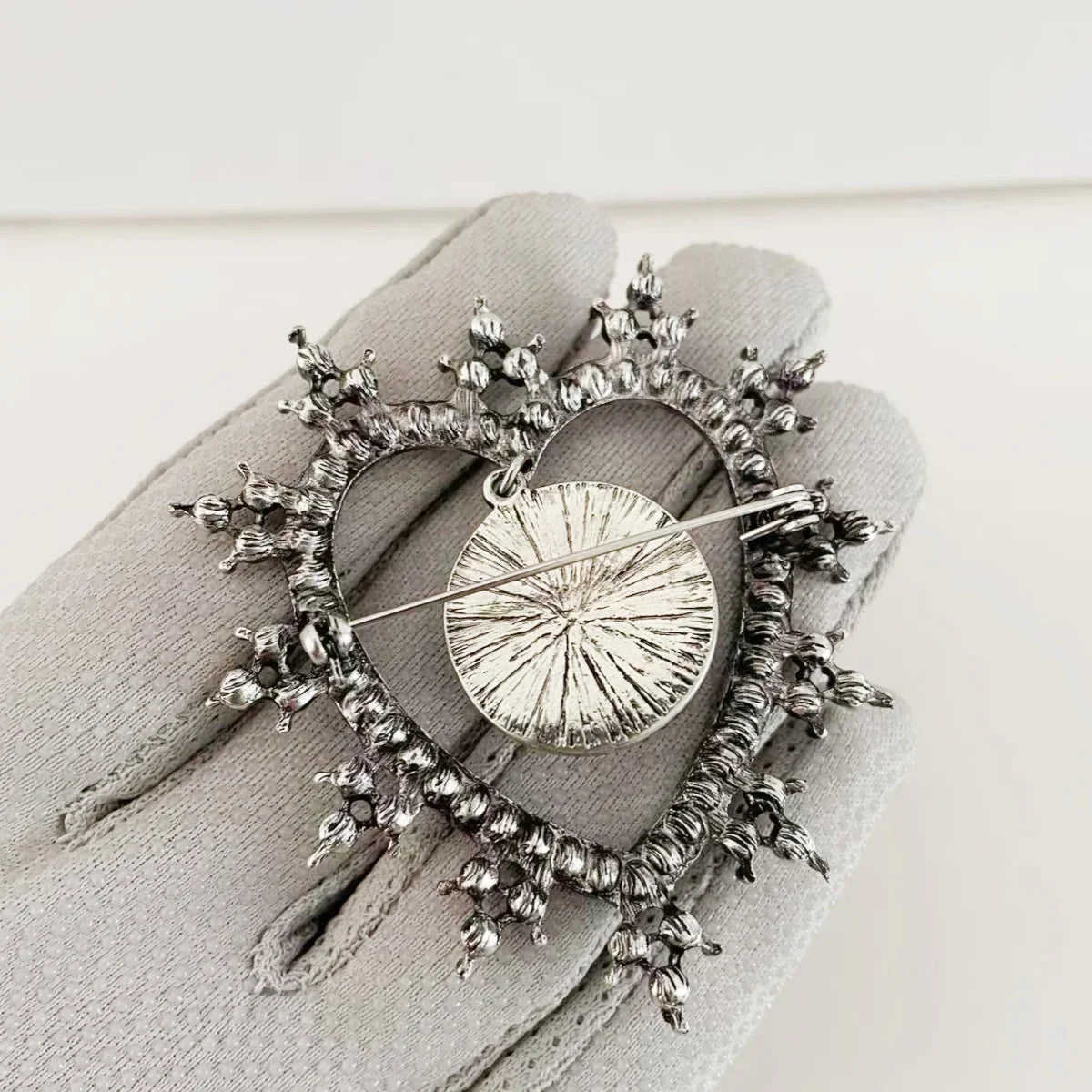 Rhinestone Heart & Moon Face Brooch