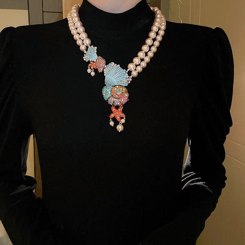 Rhinestone Shell & Starfish Double Pearl Necklace & Rhinestone Sea Shell & Ammonite Earrings Set