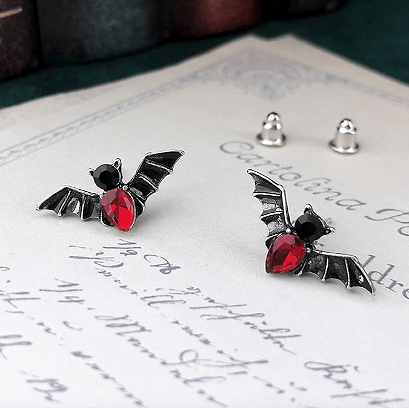 Red Gemstone Bat Stud Earrings