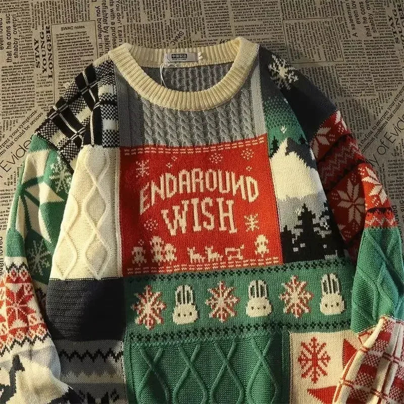 - Ugly Christmas Sweater - Relaxed Retro Sweater with V-Neck and Color Block Design