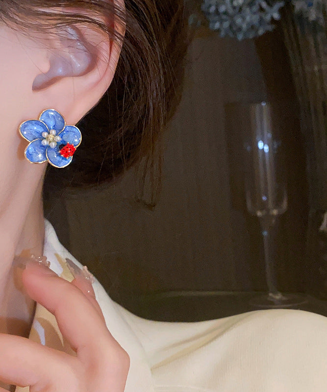 Simple Blue Alloy Pearl Oil Drip Seven Starred Ladybird Stud Earrings