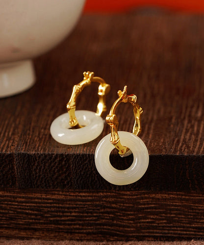 Simple Gold Sterling Silver Overgild Jade Bamboo Hoop Earrings