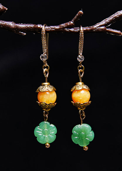 Simple Green Lotus Flower Jade Connect Beeswax Drop Earrings