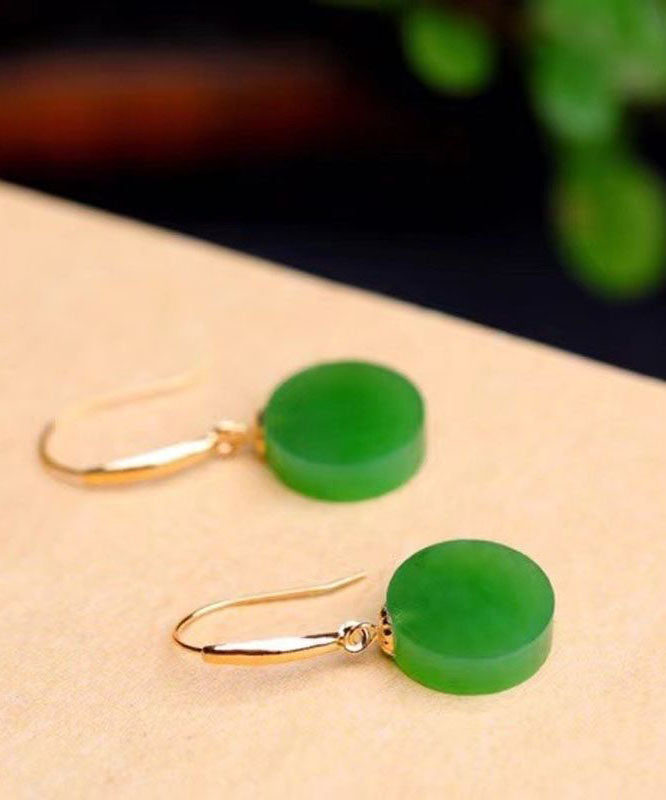 Simple Spinach Green 18k Gold Inlaid Jade Round Brand Drop Earrings
