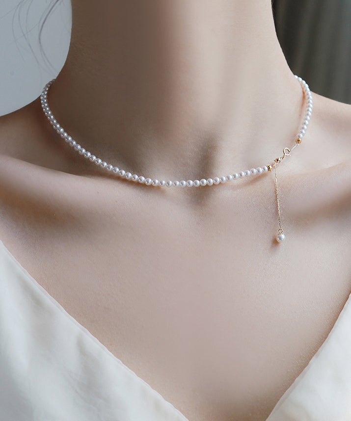 Simple White 14k Gold Pearl Pendant Necklace Wf009