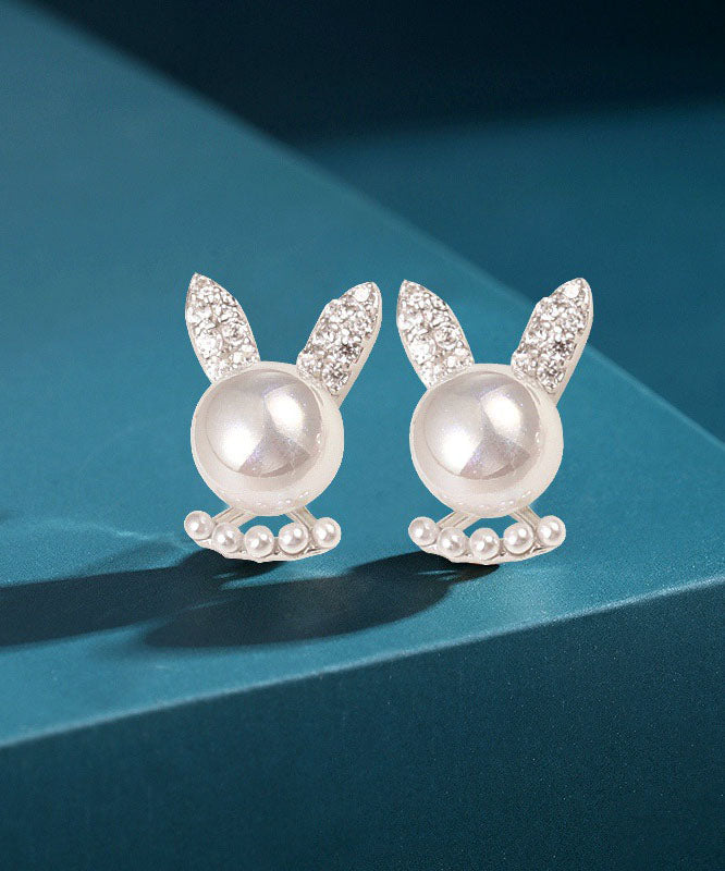 Simple White Rabbit Zircon and Pearl Stud Earrings