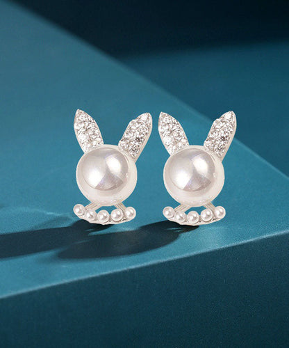 Simple White Rabbit Zircon and Pearl Stud Earrings